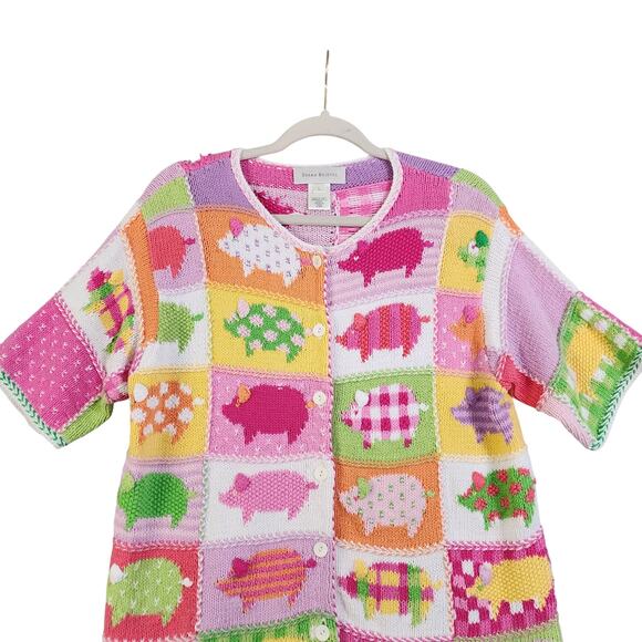 Susan Bristol Womens Vintage Patchwork Pig Knit Cardigan Size Large Pink Farm - Picture 2 of 11